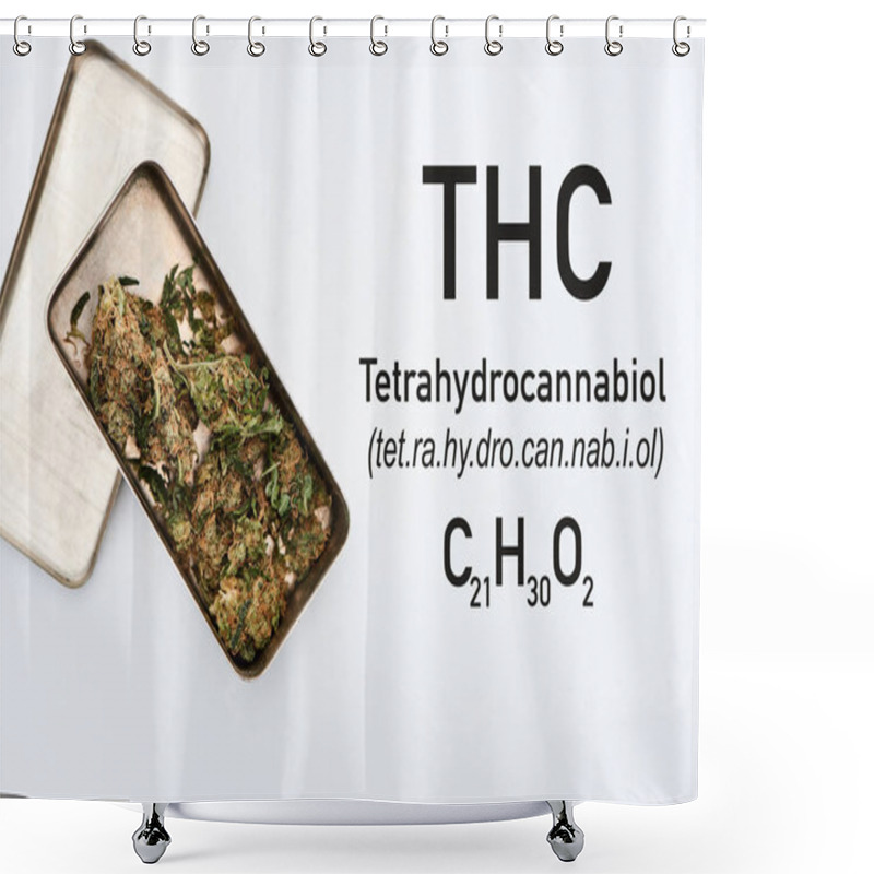 Personality  Top View Of Marijuana Buds In Metal Box On White Background With THC Illustration Shower Curtains