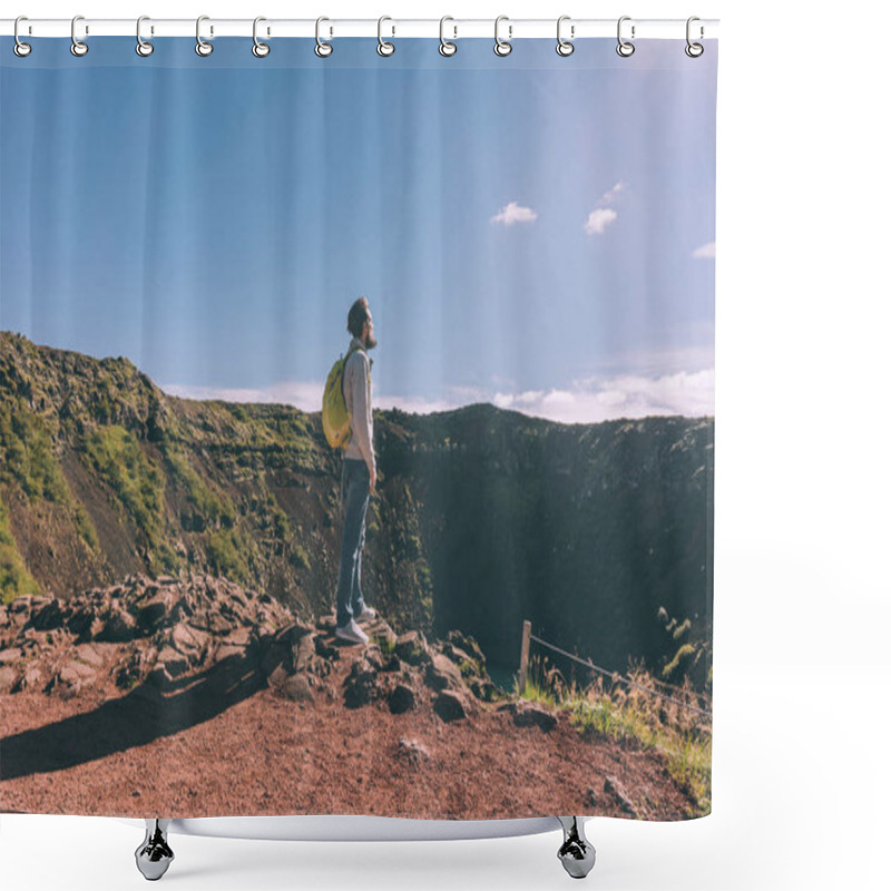 Personality  Side View Of Young Bearded Man With Backpack Looking At Scenic Crater Lake In Iceland Shower Curtains