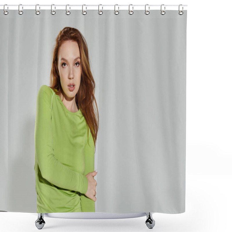 Personality  A Red Haired Woman Showcases Her Fashionable Outfit With A Confident Pose. Shower Curtains