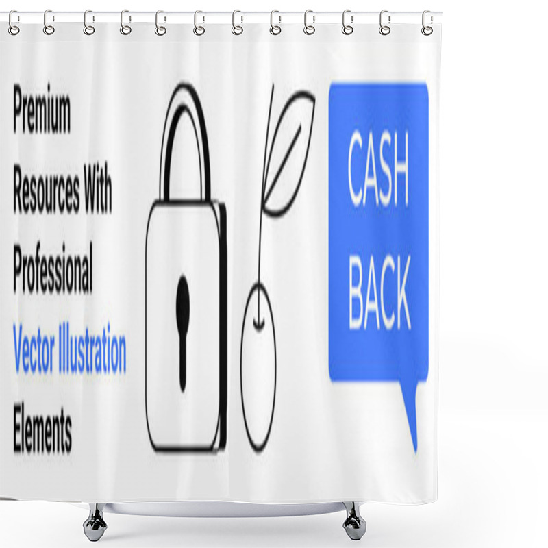 Personality  Lock Symbolizing Security, Cherry Icon For Reward, And CASH BACK Text In Speech Bubble. Ideal For Finance, Savings, E-commerce, Digital Wallets, Safety, Incentives Flat Landing Page Banner Shower Curtains