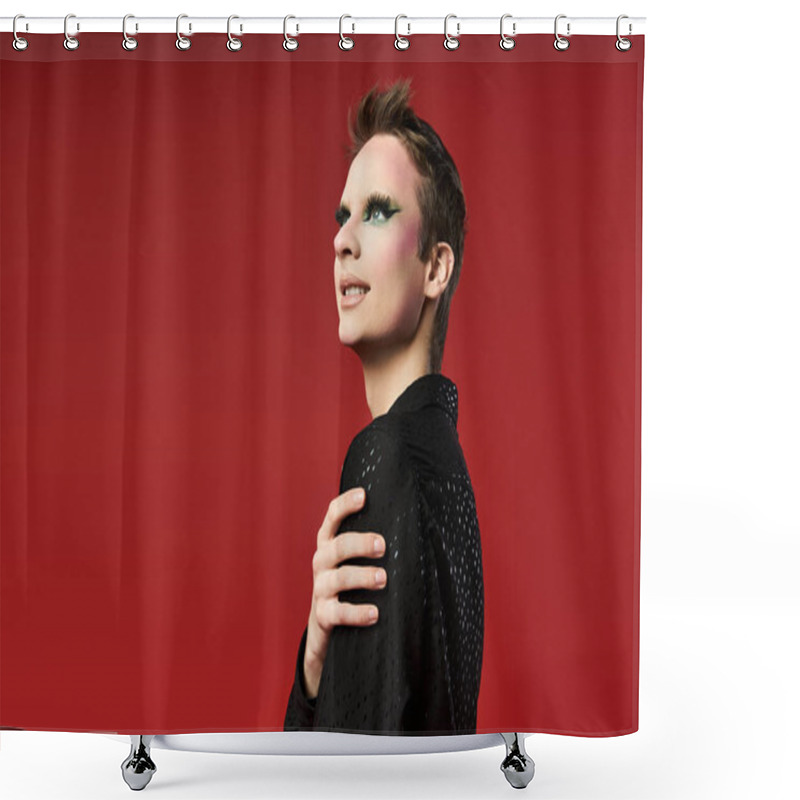 Personality  A Young Drag Artist Showcases Their Vibrant Style And Expressive Pose With Confidence. Shower Curtains