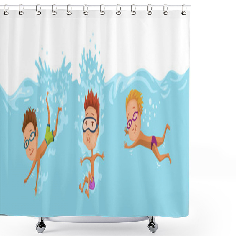 Personality  Childrens Swimming In Pool. Cheerful And Active Little Boys And Girls Swimming In Pool. Boys And Girls In Swimwear Are Swimming In A Children Pool. Underwater View. Sport Team Shower Curtains