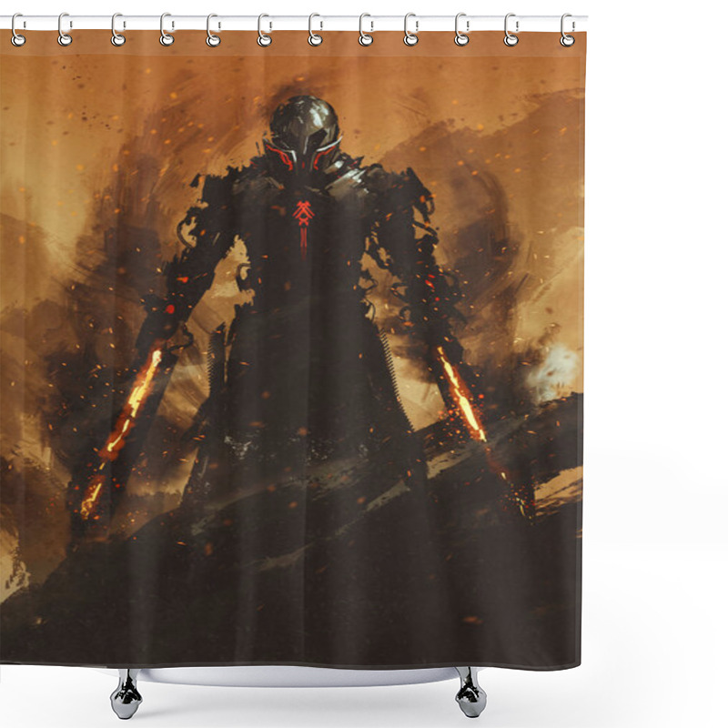 Personality  Warrior Posing With Fire Flame Swords On Fire Background Shower Curtains