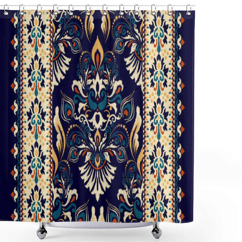 Personality  Ikat Floral Paisley Embroidery On Navy Blue Background.Ikat Ethnic Oriental Pattern Traditional.Aztec Style Abstract Vector Illustration.design For Texture,fabric,clothing,wrapping,decoration,carpet. Shower Curtains