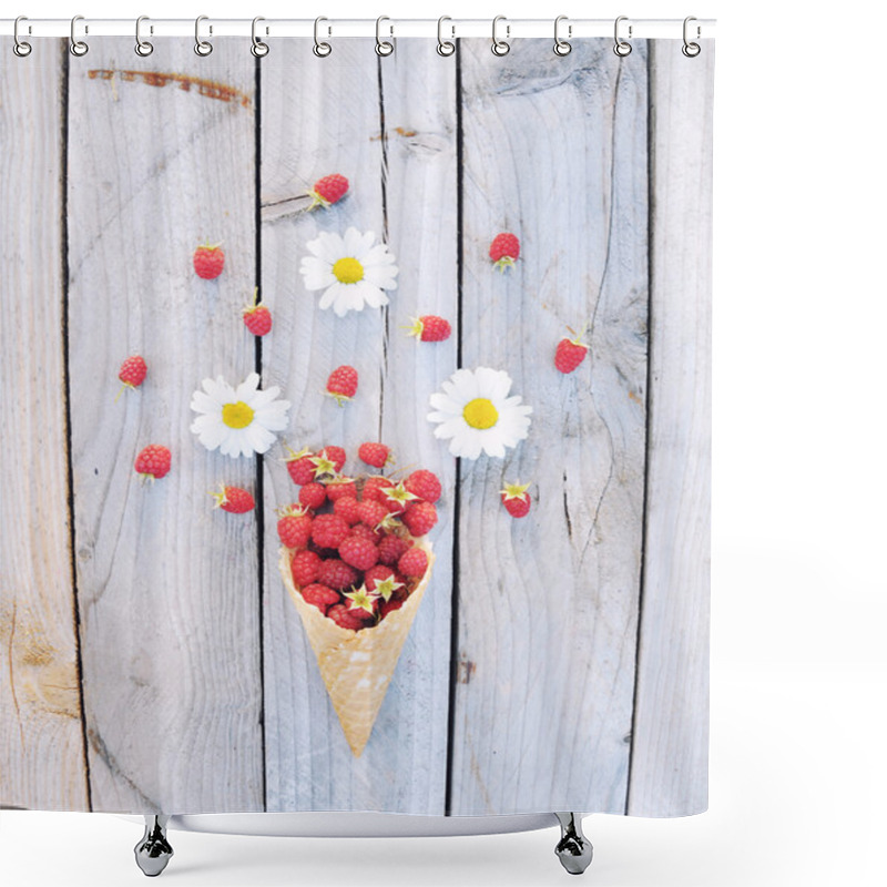 Personality  Ripe Fresh Raspberries And White Chamomile Flowers In Ice Cream Cone On Rustic Wooden Background. Stylish Flat Lay. Minimal Concept. Shower Curtains