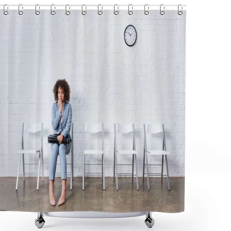 Personality  Scared Businesswoman With Briefcase Sitting On Chair And Waiting Shower Curtains