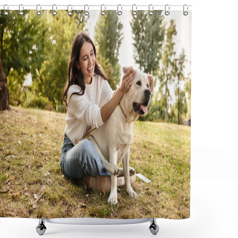 Personality  A Happy Woman In Cozy Autumn Attire Plays With Her Dog Under The Golden Trees. Shower Curtains