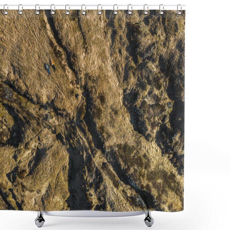 Personality  Aerial View Of Couple Lying On Brown Fields, Snaefellsnes, Iceland Shower Curtains