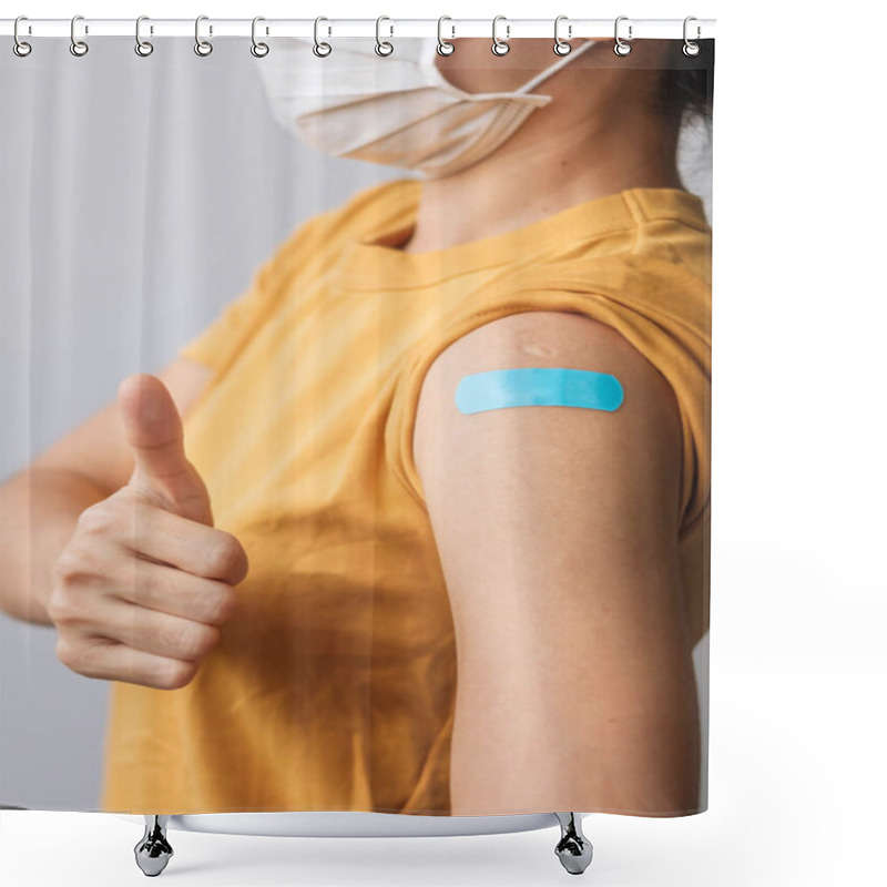 Personality  Woman Showing Thumb Sign With Bandage After Receiving Covid 19 Vaccine. Vaccination, Herd Immunity, Side Effect, Booster Dose, Vaccine Passport And Coronavirus Pandemic Shower Curtains