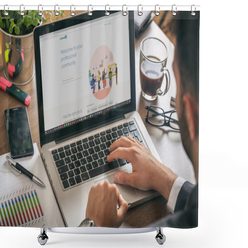 Personality  Manager Working With A Computer, LinkedIn Page On The Screen Shower Curtains