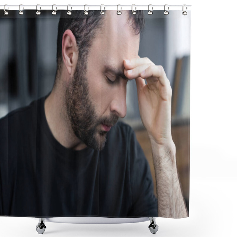 Personality  Sad Handsome Bearded Man With Closed Eyes Holding Hand Near Forehead Shower Curtains