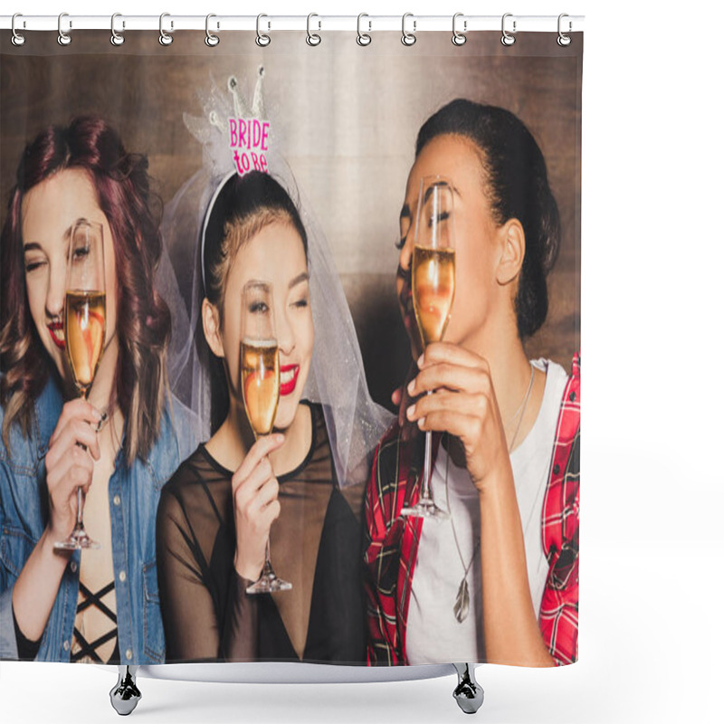 Personality  Multicultural Women With Champagne At Hen Party Shower Curtains