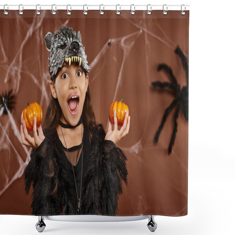 Personality  Close Up Excited Girl In Wolf Mask Holds Pumpkins In Her Hands With Spider On Backdrop, Halloween Shower Curtains