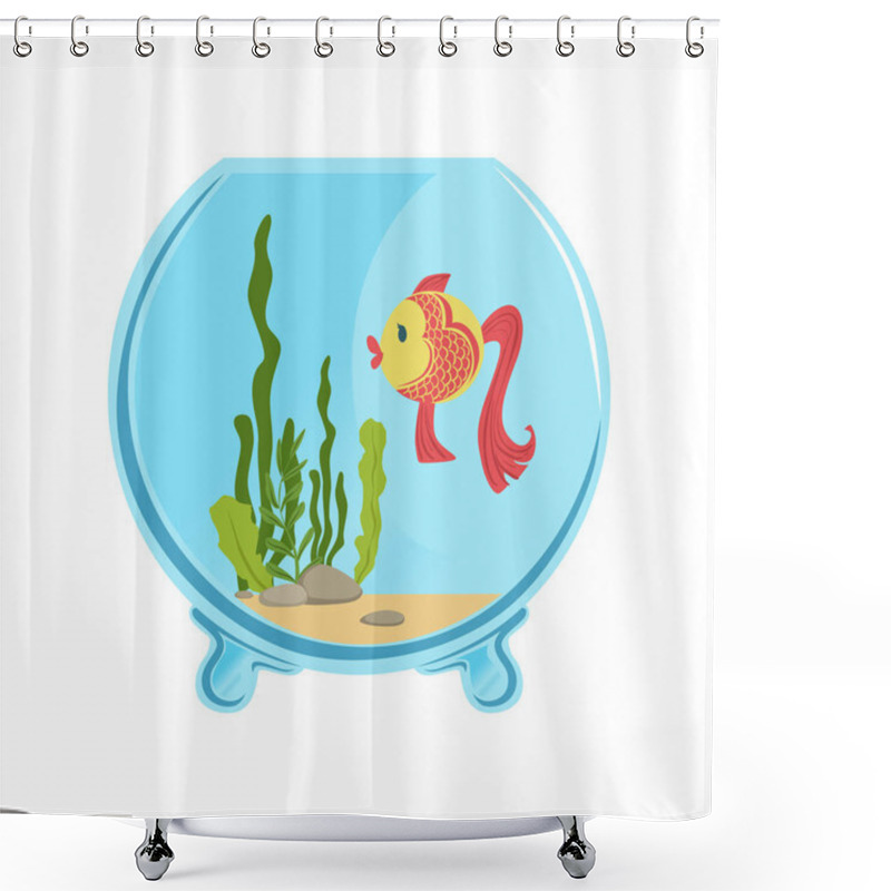 Personality  Round Glass Aquarium With Golden Fish. Different Green Algae And Little Stones On Sand. Aquatic Concept. Isolated Flat Vector Icon For Card Or Flyer Shower Curtains