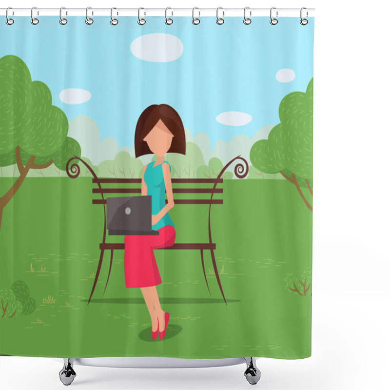 Personality  Woman Sitting On Bench In Park With Laptop Vector Shower Curtains