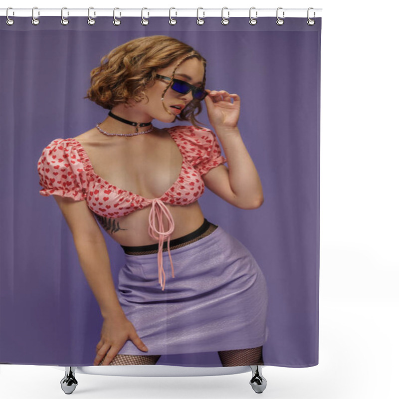 Personality  Stylish Young Woman In Trendy Attire Adjusting Sunglasses On Purple Background, Personal Style Shower Curtains