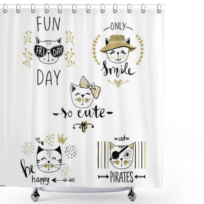 Personality  Vector Card Series With Cute Fashion Cats. Stylish Kitten Set. T Shower Curtains