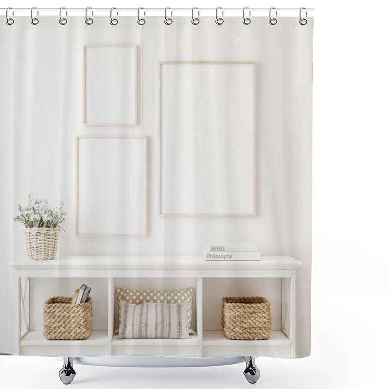 Personality  Poster Frame Mockup In White Clear Hallway Interior, 3d Render Shower Curtains