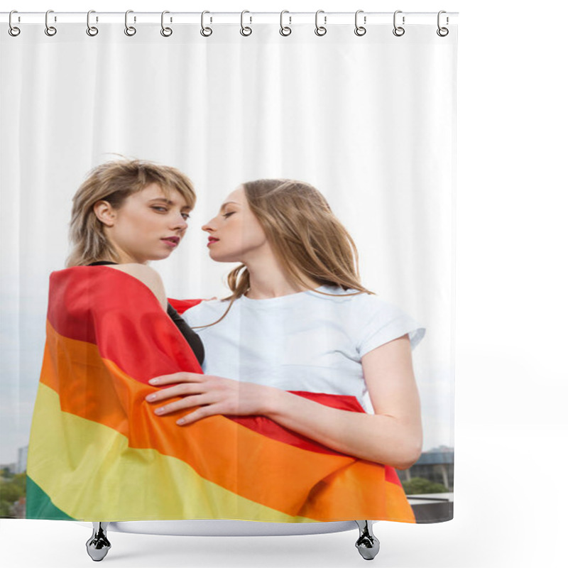 Personality  Homosexual Couple Embracing With Lgbt Flag Shower Curtains