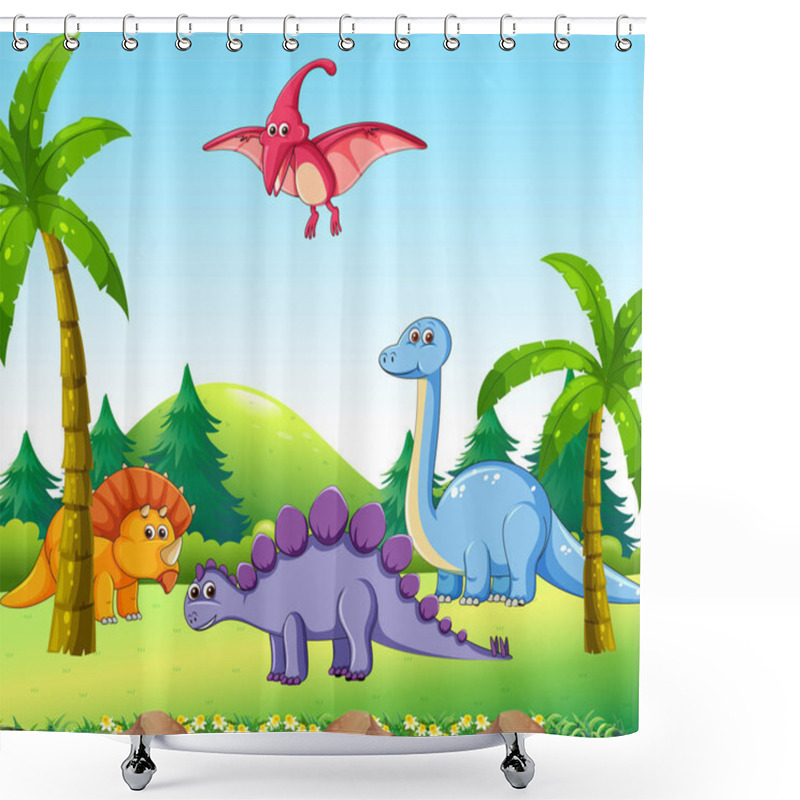 Personality  Different Dinosaur In Nature Illustration Shower Curtains