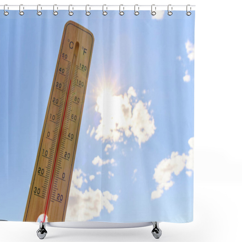 Personality  Wooden Outdoor Thermometer Background Scorching Summer Sun And Blue Sky Shower Curtains