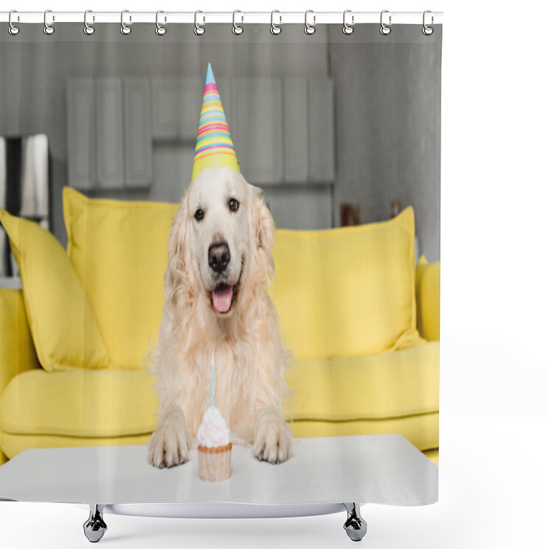 Personality  Cute Golden Retriever In Party Cap With Birthday Cupcake In Apartment  Shower Curtains