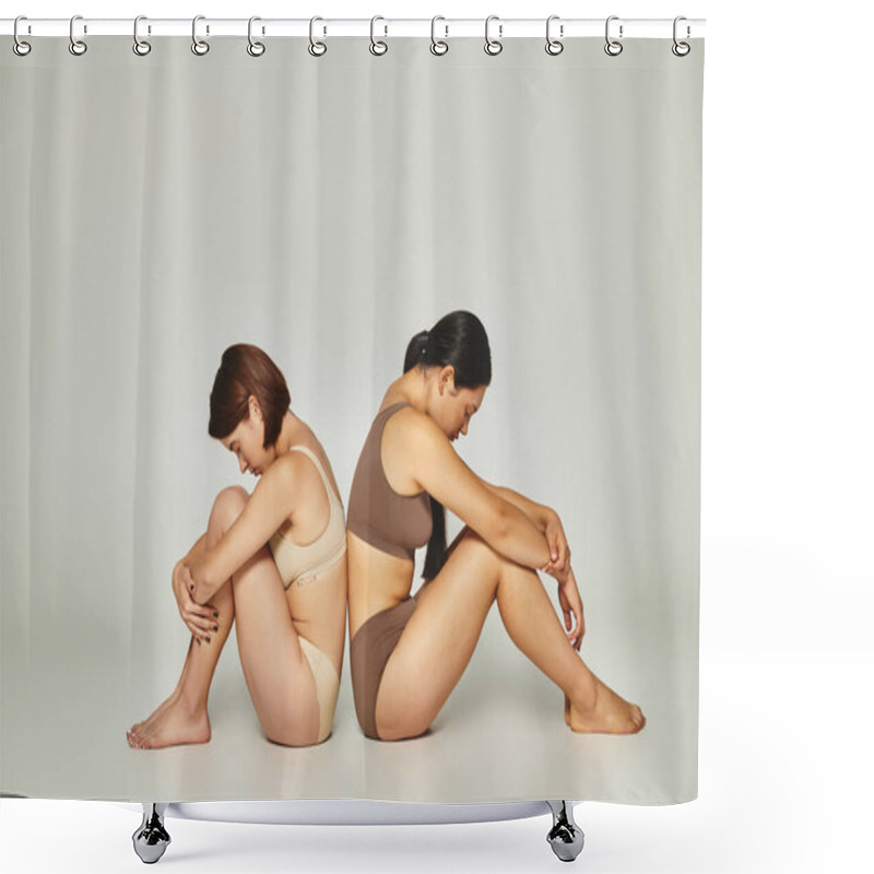 Personality  Upset Multicultural Women In Underwear Sitting Back To Back On Grey Backdrop, Body Shaming Shower Curtains