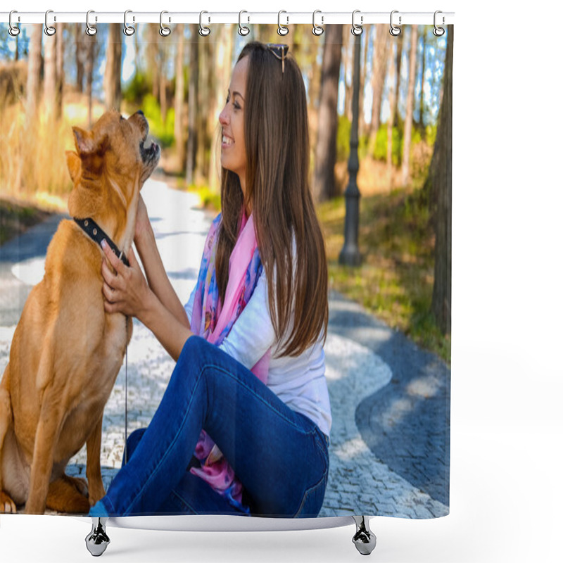 Personality  Brunette Woman With Brown Dog Shower Curtains