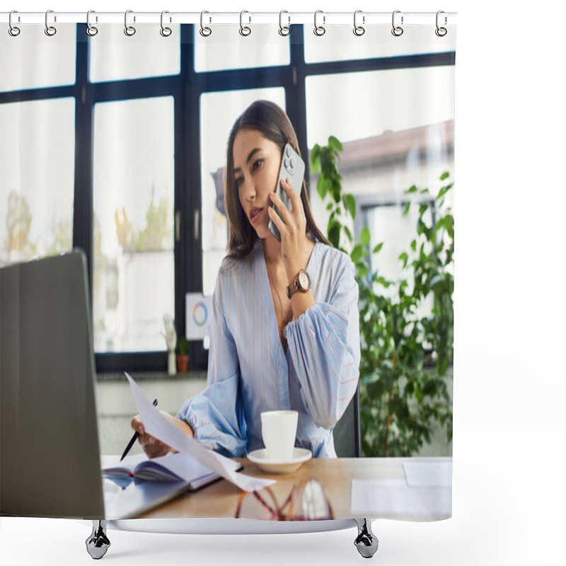 Personality  Young Brunette Woman Multitasks On A Call While Reviewing Documents In A Bright Office. Shower Curtains