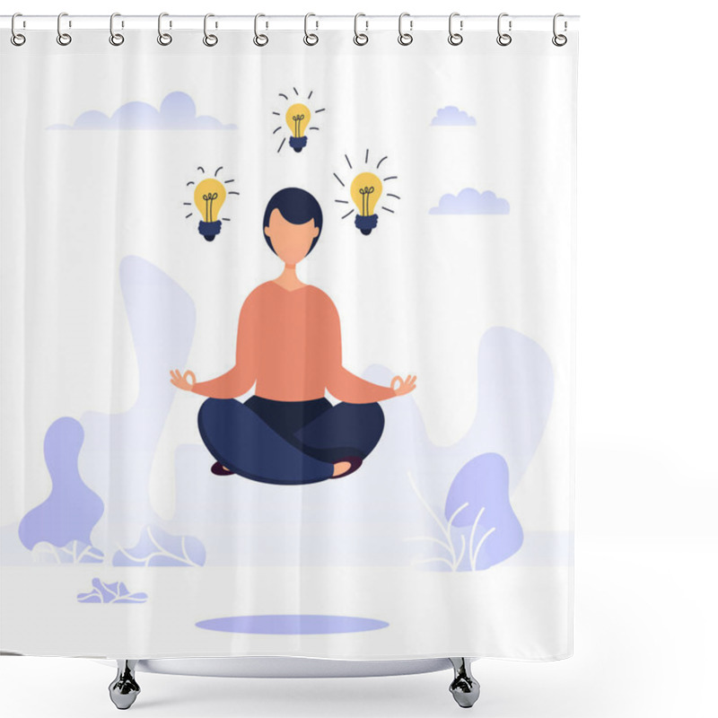 Personality  Brainstorming Concept With Woman Levitates With Luminous Bulbs In The Air. Idea Generation Concept. Shower Curtains