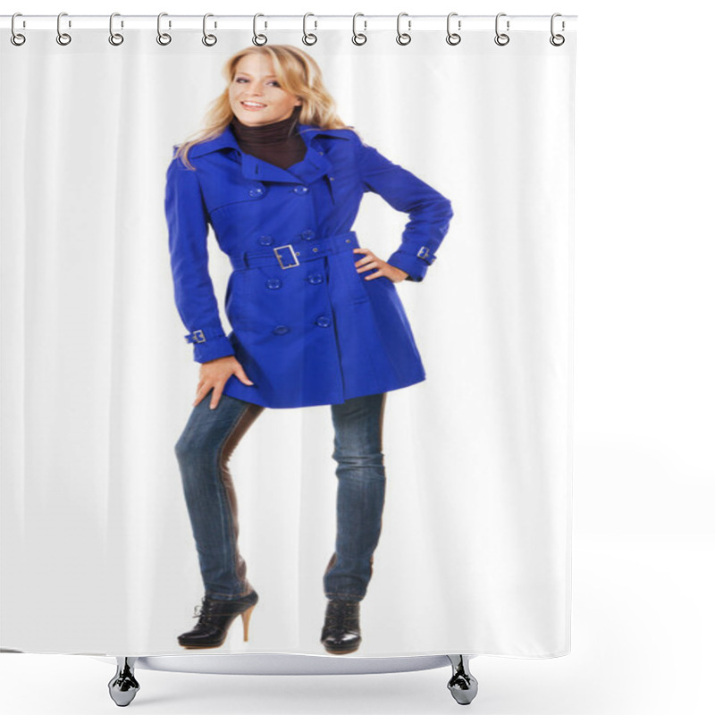 Personality  Pretty Model In A Blue Coat Shower Curtains