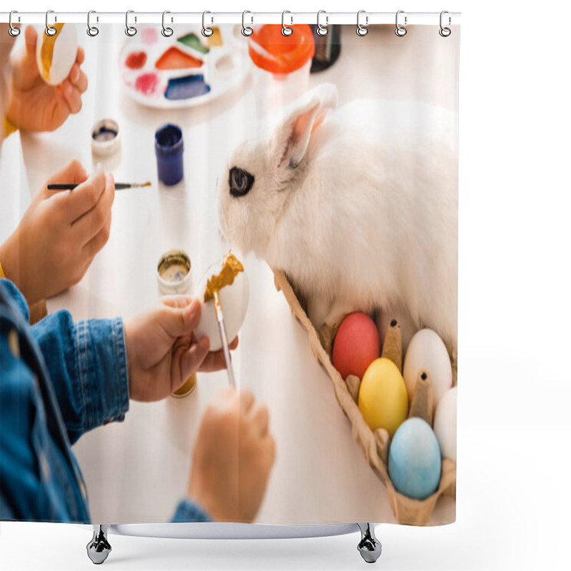 Personality  Cropped View Of Kids Painting Easter Eggs While Sitting At Desk Near White Rabbit Shower Curtains