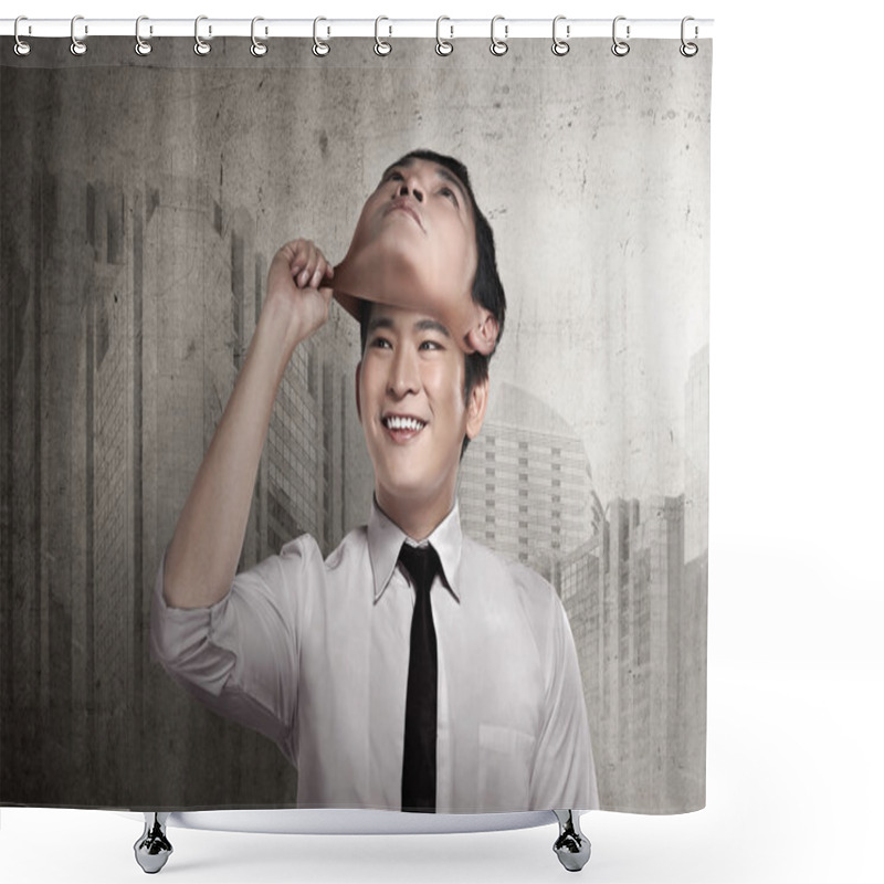 Personality  Businessman Remove His Face Mask Shower Curtains