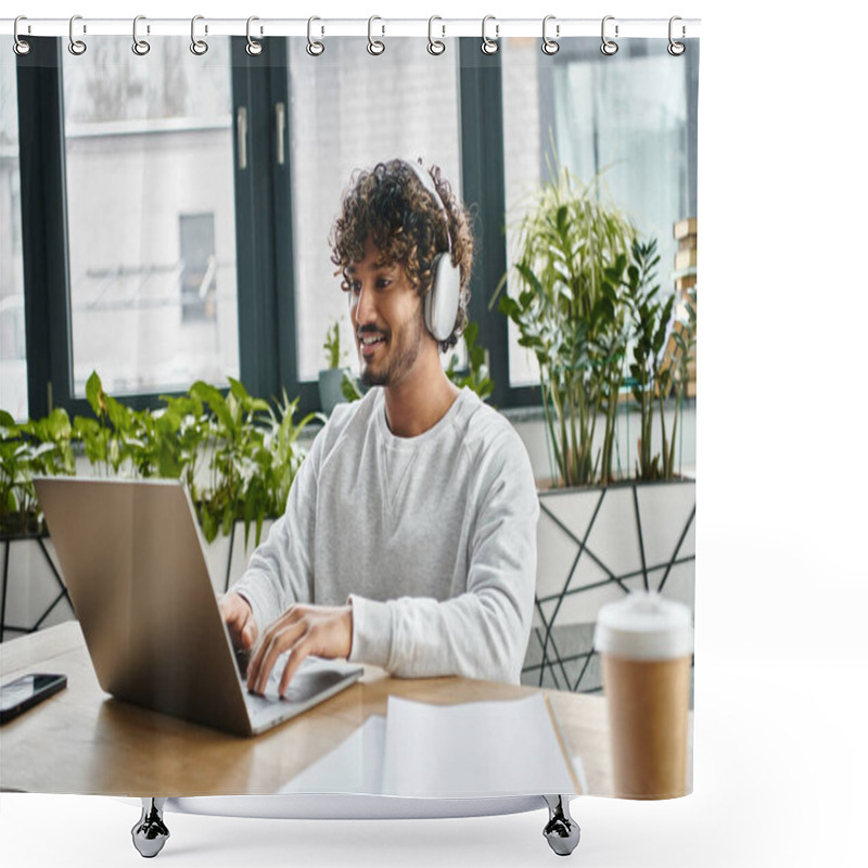 Personality  A Man Of Diverse Background Sits Focused In Front Of A Laptop In A Modern Coworking Space. Shower Curtains