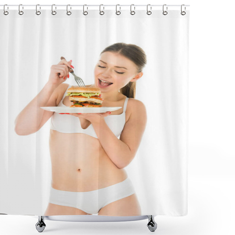 Personality  Slim Beautiful Woman In Underwear Eating Tasty Burger With Fork From Plate Isolated On White Shower Curtains