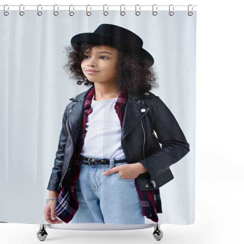 Personality  Stylish Little Child In Leather Jacket Looking Away Isolated On Grey Shower Curtains