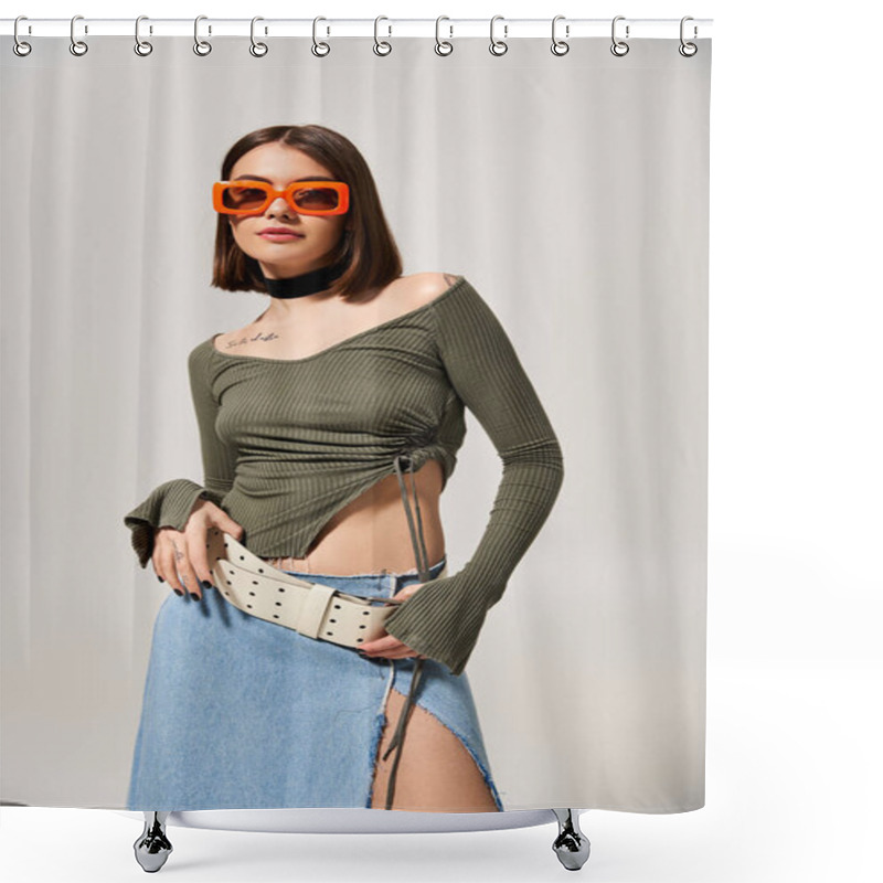 Personality  A Brunette Woman Wearing A Skirt And Sunglasses Striking A Pose For A Picture In A Studio Setting. Shower Curtains