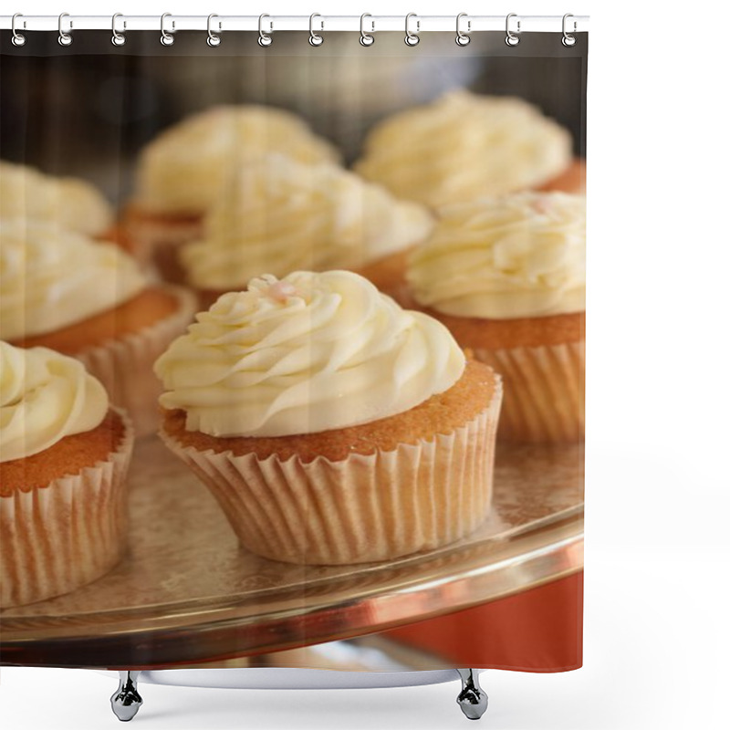 Personality  Buttercream Cupcakes On A Cake Stand Shower Curtains