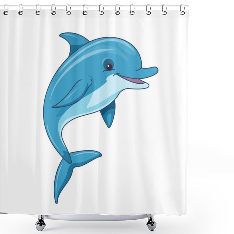 Personality  Vector Illustration. Cheerful Funny Dolphin In Cartoon Style On A White Background. Shower Curtains