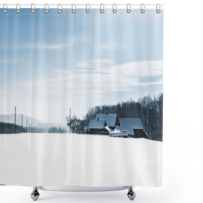 Personality  Village In Carpathians Covered In Snow Near Winter Forest Shower Curtains