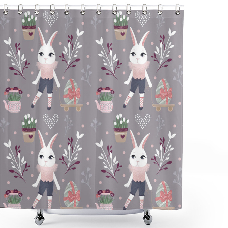 Personality  Easter Seamless Pattern With Bunny, Eggs Flowers. Vector Spring  Shower Curtains