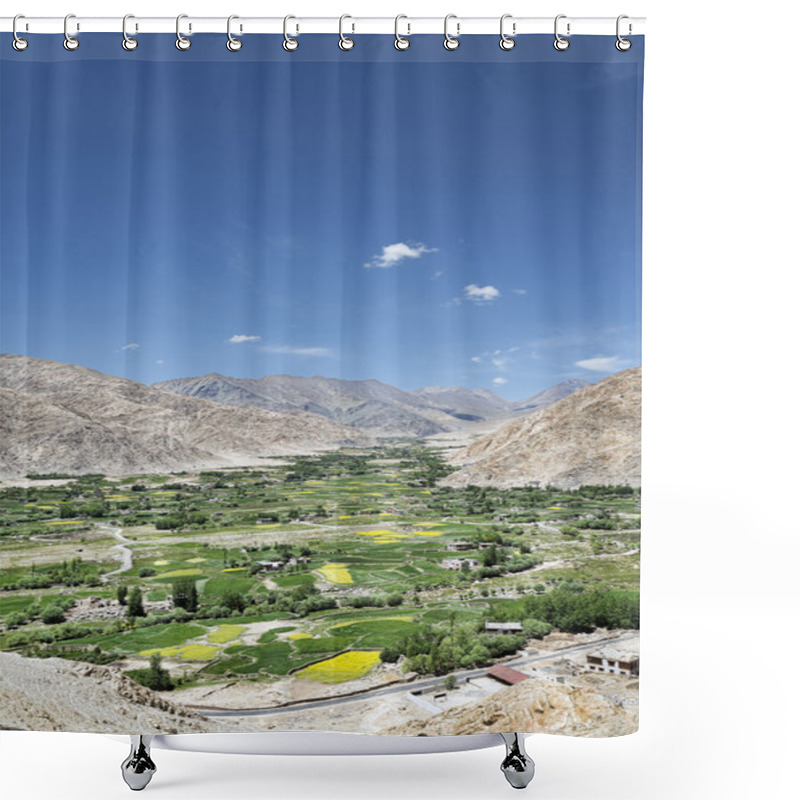 Personality  Green Oasis Village In Desert Mountains Shower Curtains