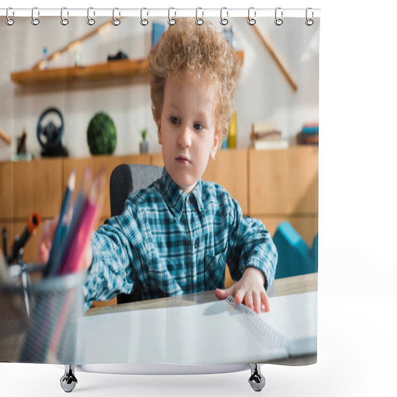 Personality  Selective Focus Of Cute Boy Near Blank Papers On Table  Shower Curtains