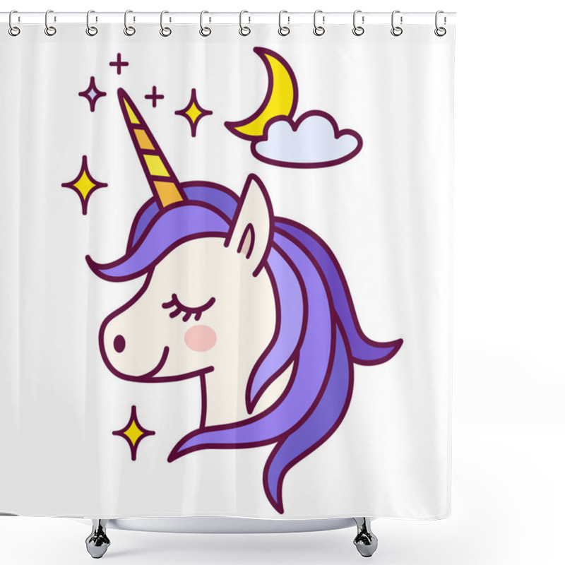 Personality  Cute Unicorn With Sparkles And Moon Vector Illustration. Simple  Shower Curtains