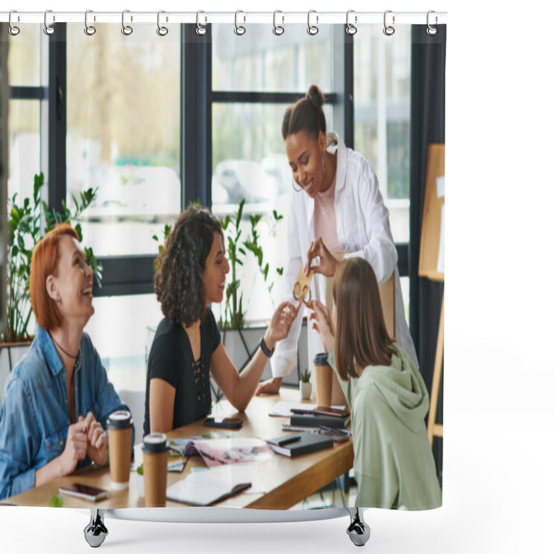 Personality  Delighted African American Woman Showing New Earrings To Multicultural Female Friends Sitting Near Magazines And Paper Cups With Coffee To Go In Women Club, Sharing Joy And Positive Emotions  Shower Curtains