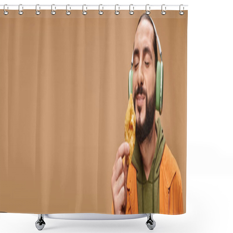 Personality  Happy Arabic Man In Headphones Smelling Baklava On Beige Background, Middle Eastern Dessert Banner Shower Curtains