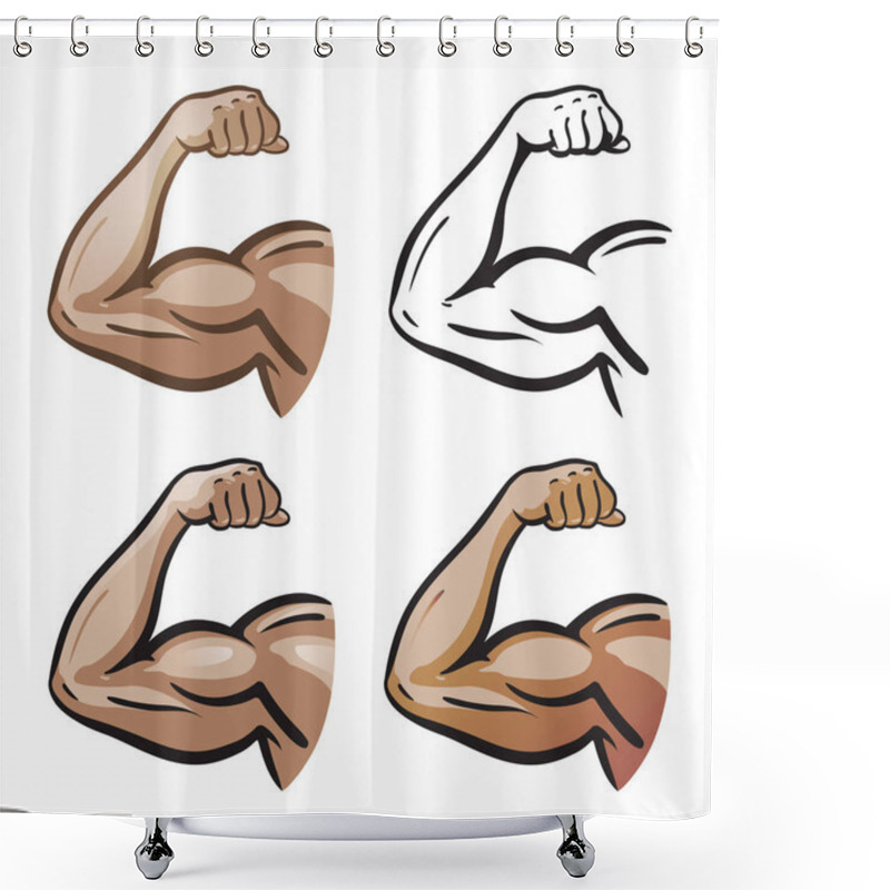 Personality  Strong Male Arm, Hand Muscles, Biceps Icon Or Symbol. Gym, Health, Protein Logo. Cartoon Vector Illustration Shower Curtains