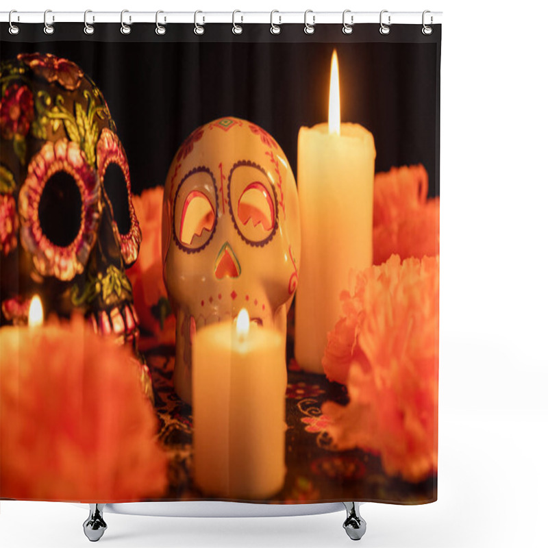 Personality  A Striking Display With A Metal-floral Adorned Skull And A Hollow Skull With A Lit Candle, Set On A Day Of The Dead Cloth. Orange Marigolds And Candles Surround The Centerpiece, All Against A Black Background. Shower Curtains