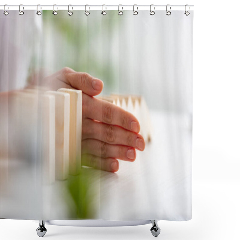 Personality  Selective Focus Of Businesswoman Folding Falling Building Blocks On Table On Grey Background Shower Curtains