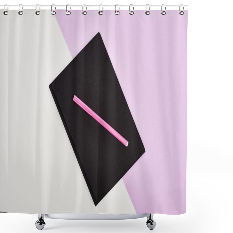 Personality  Flat Lay With Black Notebook With Pink Felt Pen On Violet And White Background Shower Curtains